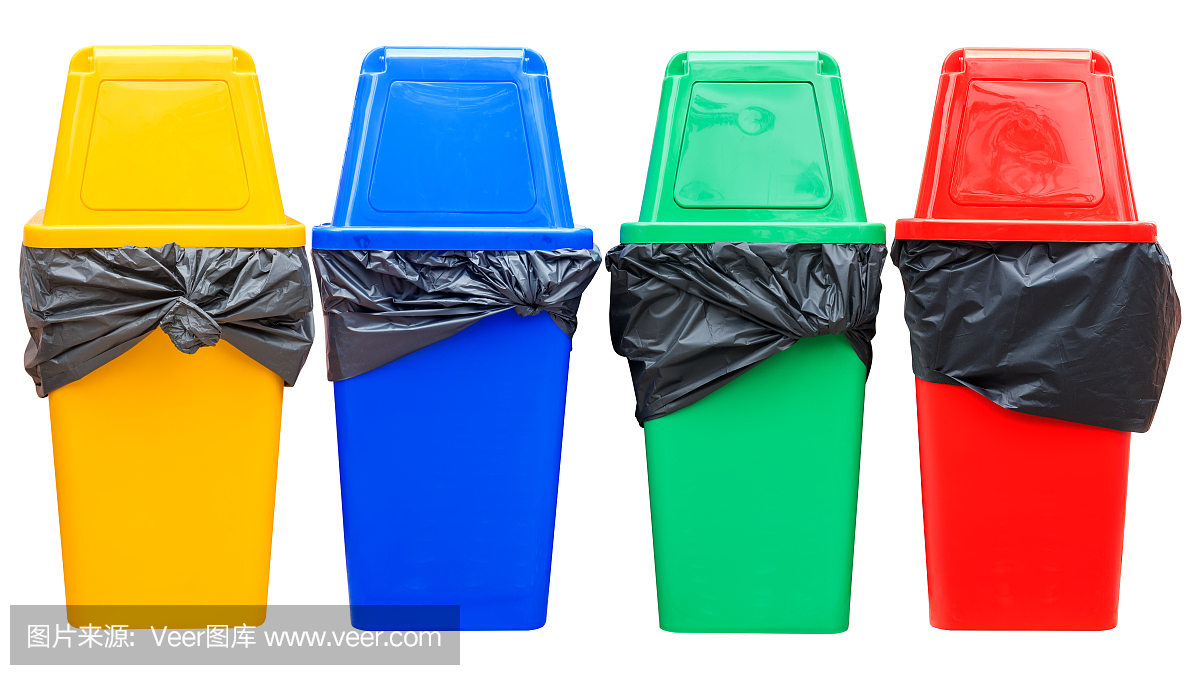黃色,藍色,綠色和紅色的回收站在白色。